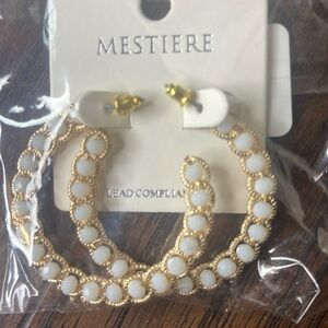 MESTIERE LADIES EARRINGS.  LEAD COMPLIANT.  GOLD 3/4 Round Beaded Hoops (WHITE)